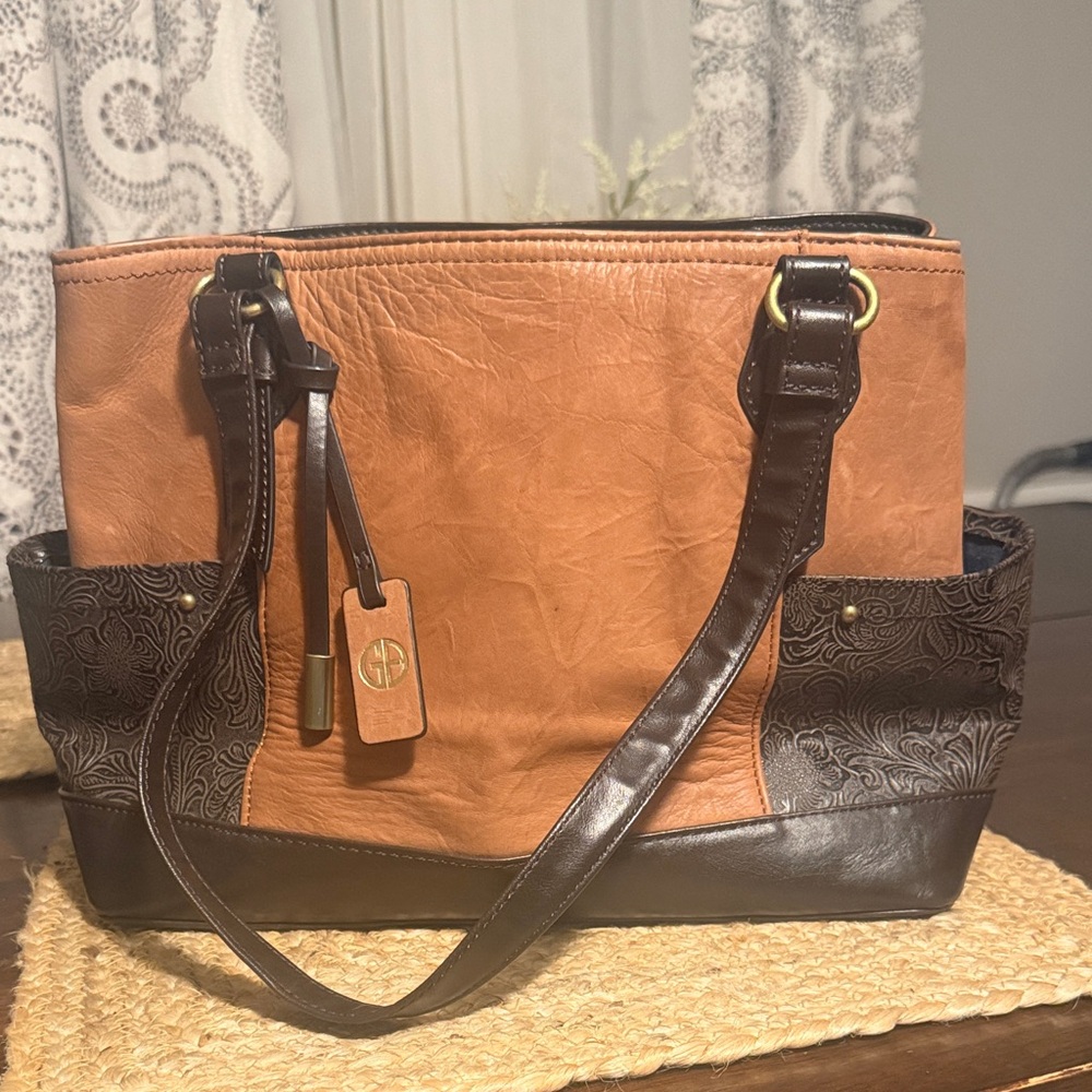 Gianni Bernini Leather Two-Tone Tan & Dark Brown Shoulder Tote